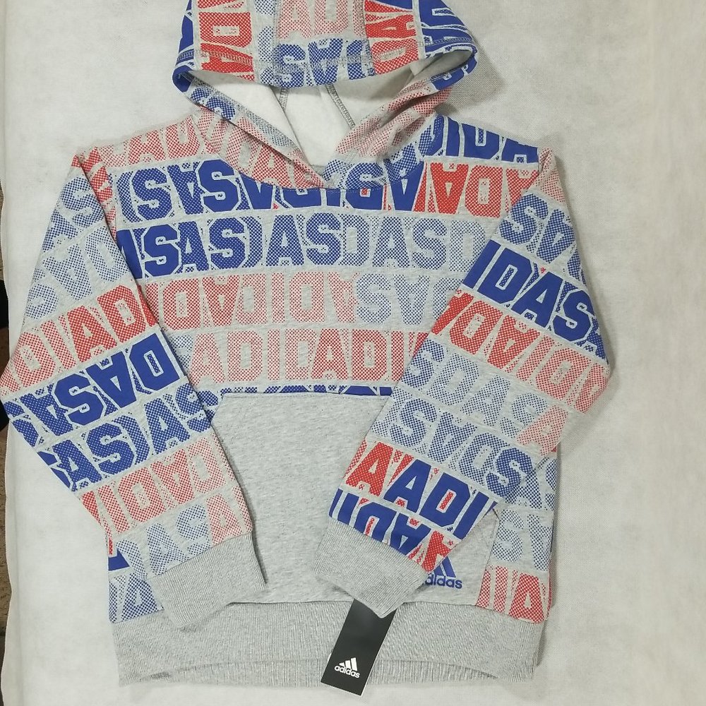Adidas Boys Size Large Hooded Sweatshirt Pullover Grey Pockets Drawstring Logo
